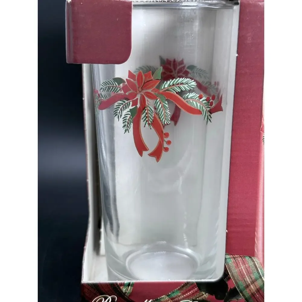 Vintage Libby Poinsettia Ribbons And Boughs Christmas Glasses - Set Of 4